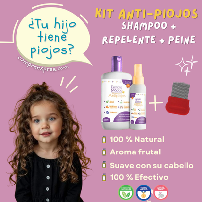 KIT TRATAMIENTO ANTI-PIOJOS 100% NATURAL (SHAMPOO 250ml, SPRAY 130ml Y PREINE)