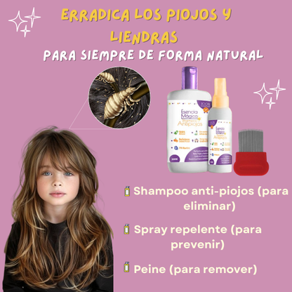 KIT TRATAMIENTO ANTI-PIOJOS 100% NATURAL (SHAMPOO 250ml, SPRAY 130ml Y PREINE)